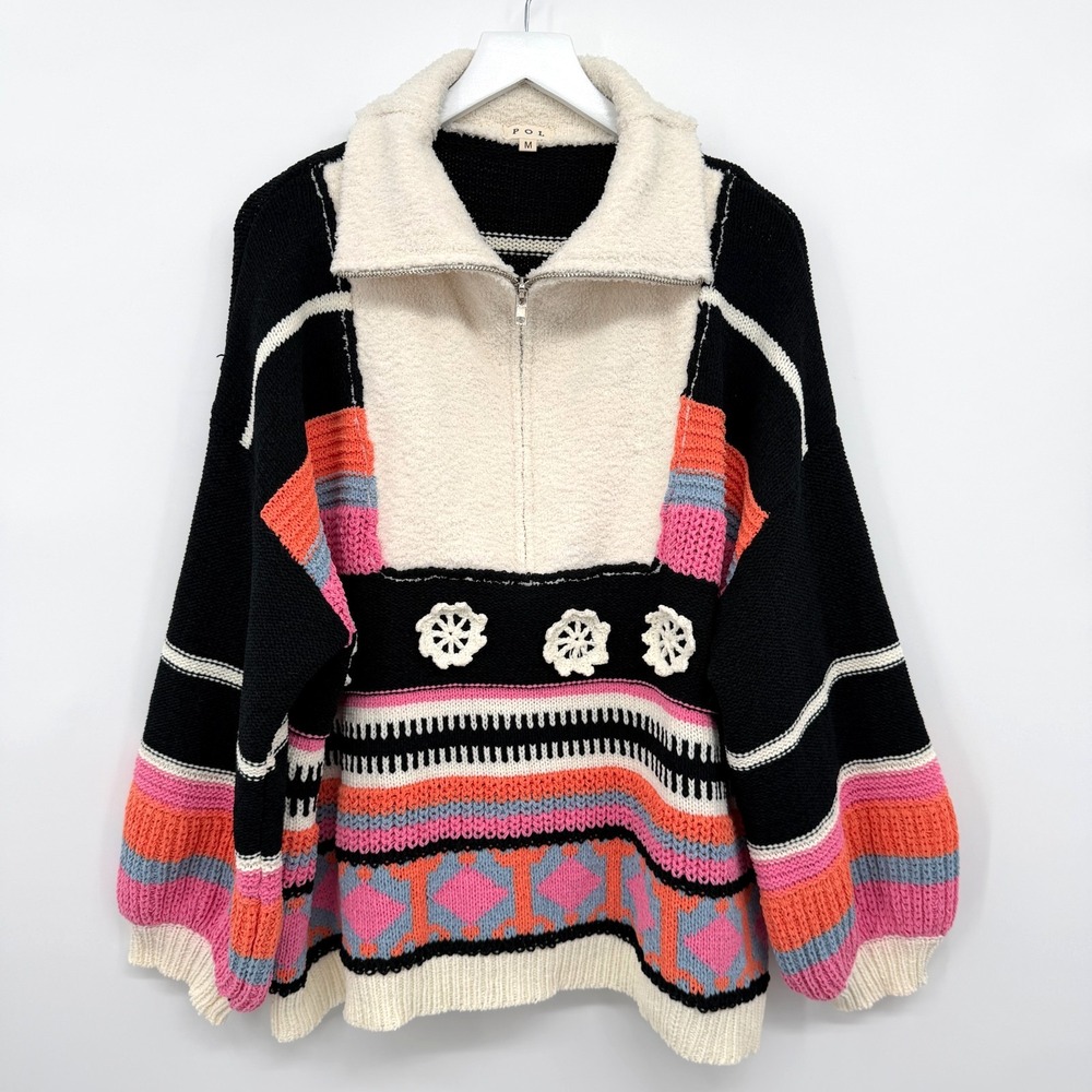 POL Sweater Size Medium Oversize Chunky Mixed Media Patchwork Artsy Crochet Boho